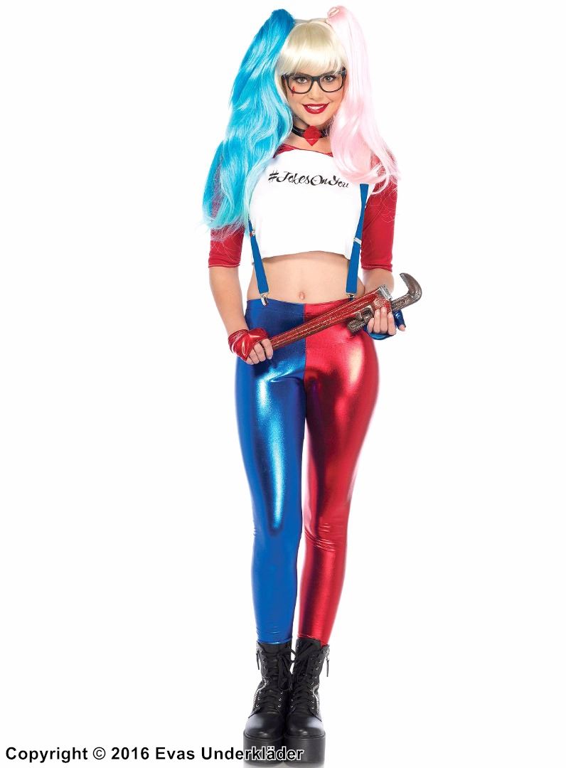 Harley Quinn, maskeraddräkt med topp och leggings, hängslen, röd och blå